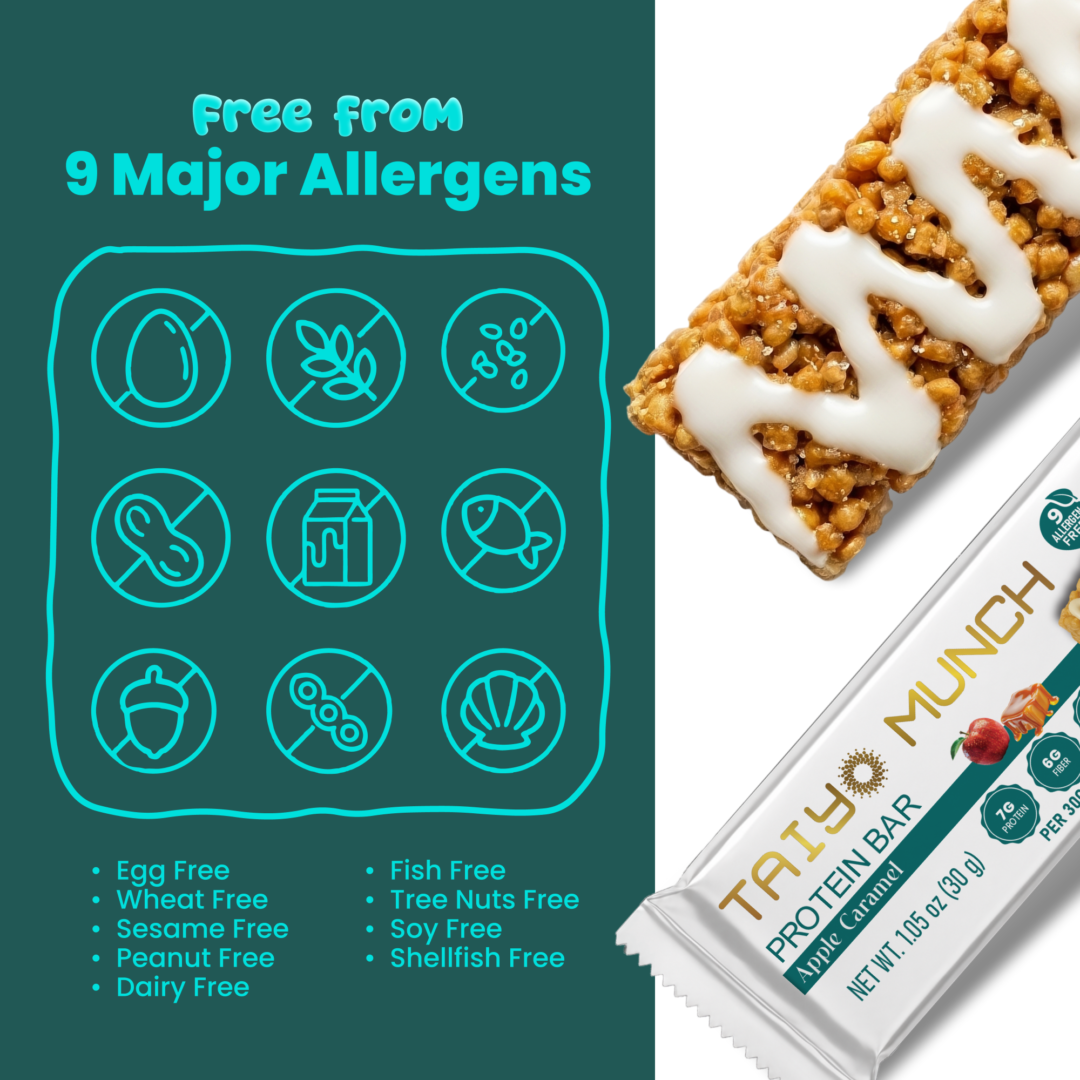 Taiyo Munch Apple Caramel Allergen-Free Protein Bars (12 Bars) | Gluten-Free, Vegan, Kosher, Top 9 Allergen Free, School-Safe Snack