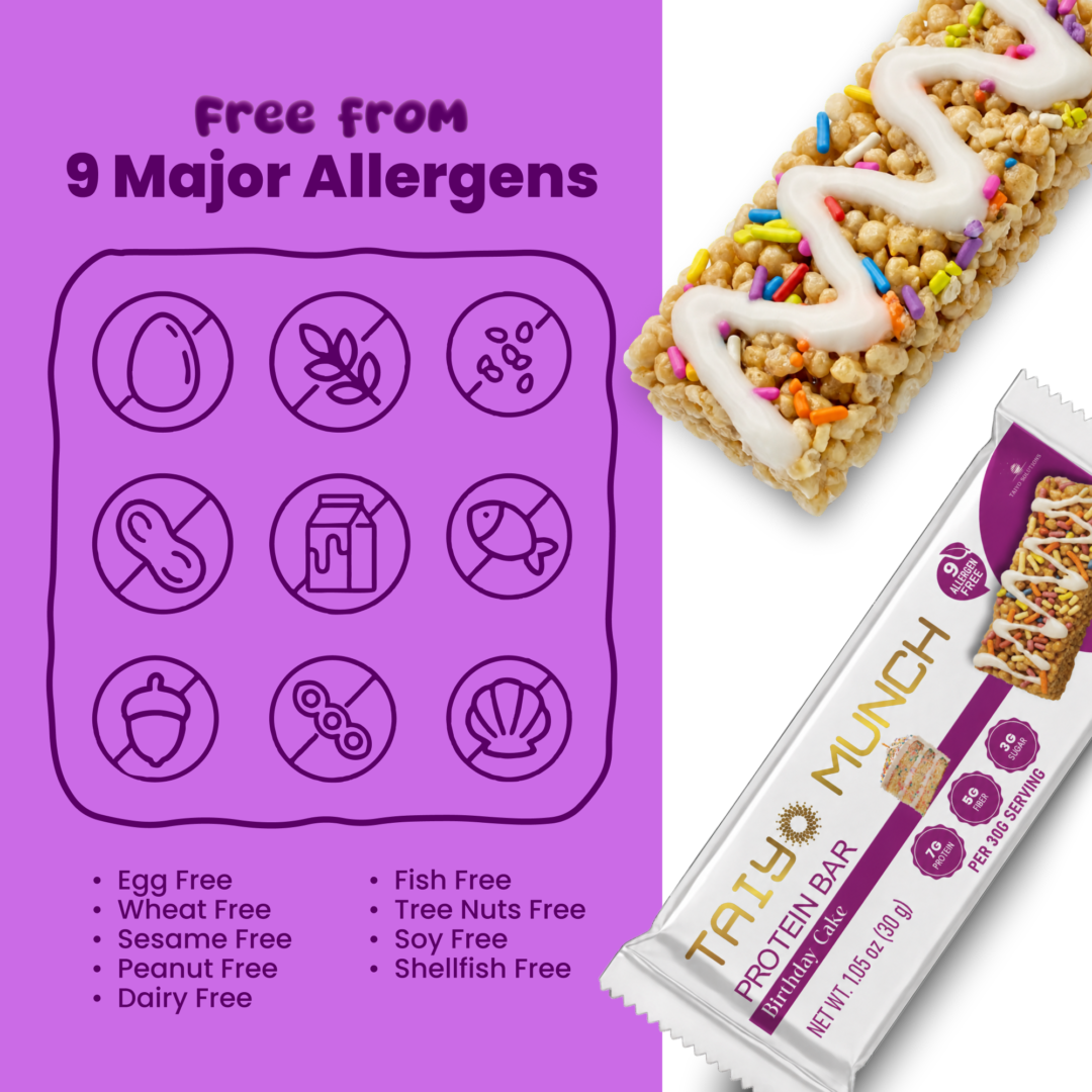 Taiyo Munch Birthday Cake Allergen-Free Protein Bars (12 Bars) | Gluten-Free, Vegan, Kosher, Top 9 Allergen Free, School-Safe Snack