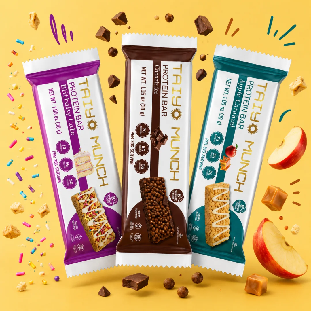 Taiyo Munch bars with birthday cake, chocolate, and caramel apple flavors