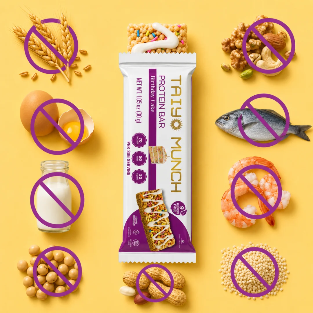 Taiyo Munch snack bar with top 9 allergen free callouts